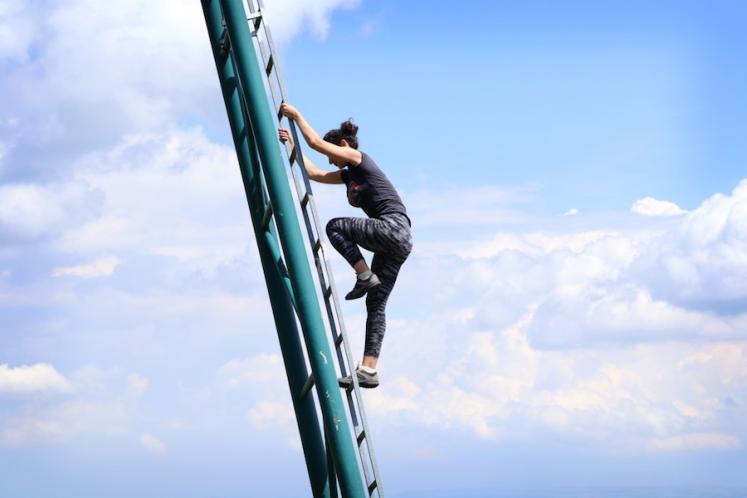 woman climbing metal ladder Harvard Business School’s Digital Initiative